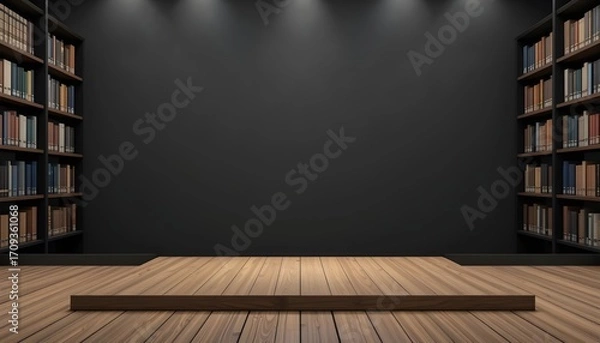 Fototapeta Wood Table with Black Wall Background – Empty Wooden Floor Platform for Product Display or Library Backdrop