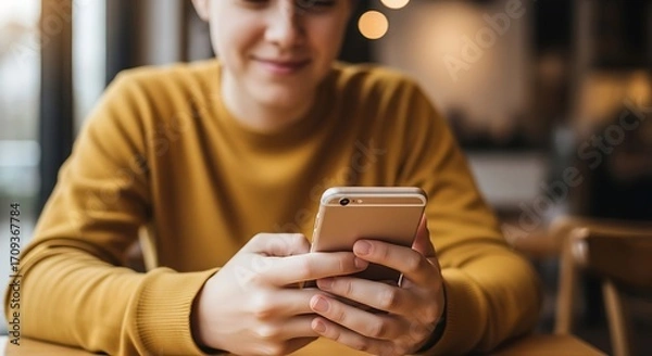 Obraz Person using a smartphone in a cafe.