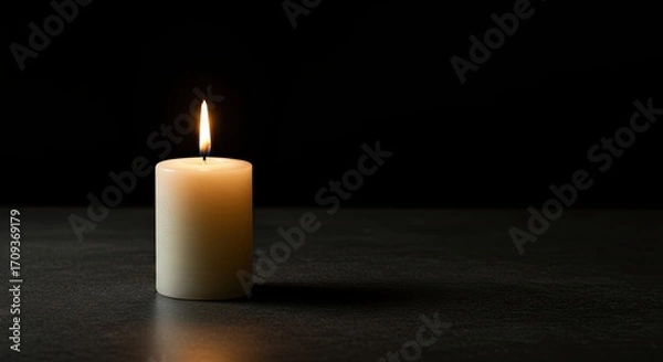 Fototapeta Burning Cream Candle Glowing on Dark Surface in Studio Setting