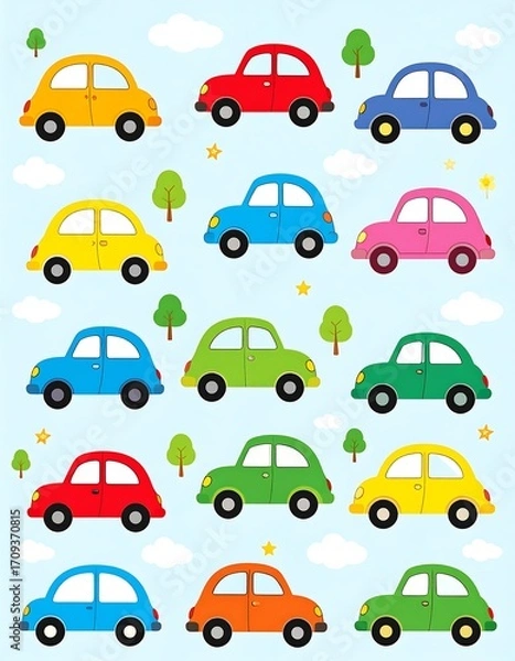 Fototapeta A cheerful, colorful pattern of various cartoon cars against a light blue sky dotted with clouds and small trees.