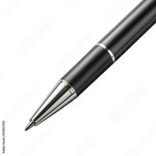 Fototapeta Close-up of a dark gray or black ballpoint pen, showcasing the tip and barrel