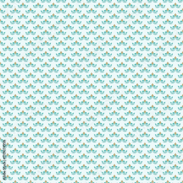 Fototapeta Elegant teal and gold floral-inspired seamless pattern featuring modern geometric lotus motifs, perfect for wallpaper, textile prints, gift wrapping, digital backgrounds, stationery, and stylish home 