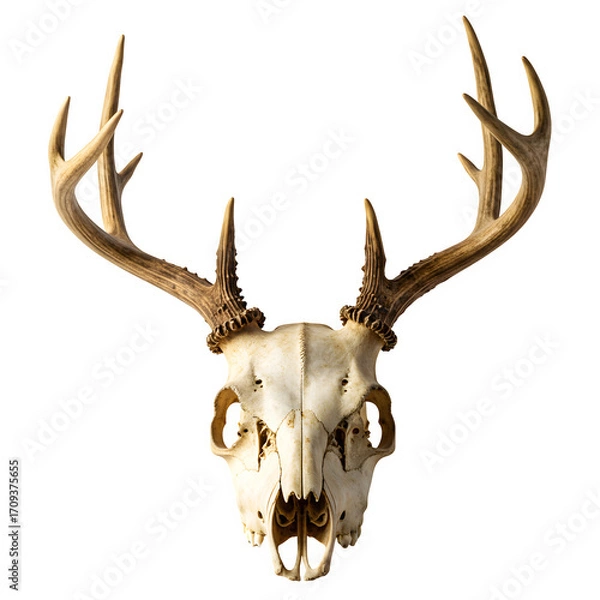 Fototapeta A weathered deer skull with aged horns, isolated on white or transparent background. PNG