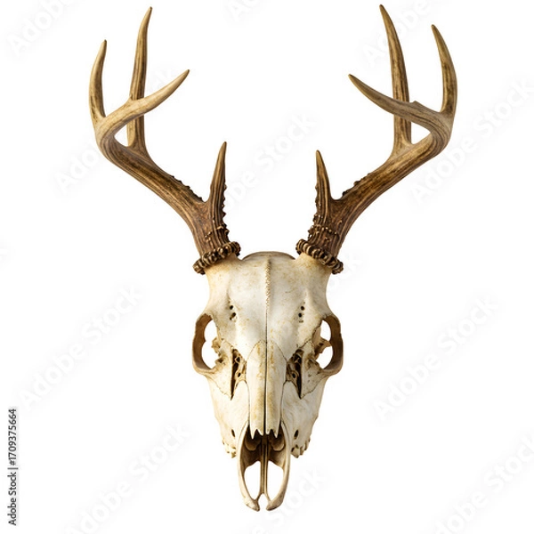 Fototapeta A weathered deer skull with aged horns, isolated on white or transparent background. PNG