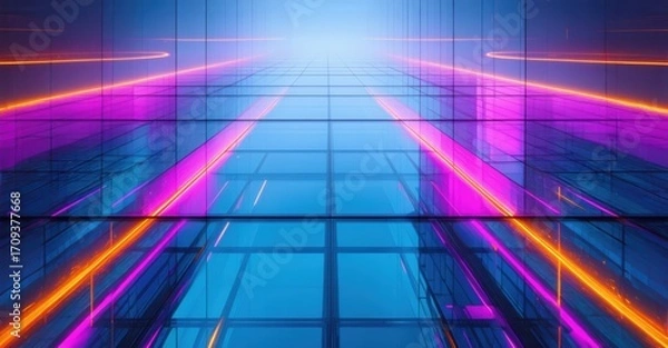 Obraz Neon grid extends into distance. Bright lines create tunnel effect. Futuristic, vibrant, digital aesthetic dominates scene.