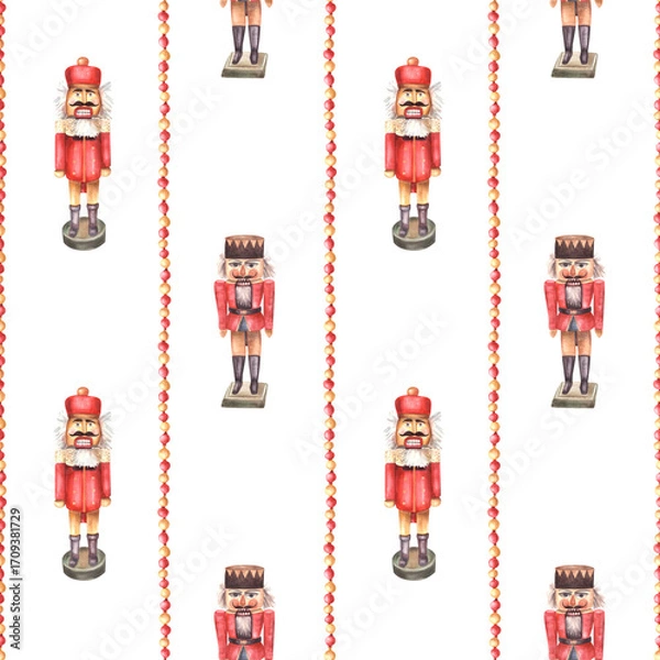 Fototapeta Nutcracker toy vertical striped red, gold balls garland, beads seamless pattern. Christmas festive ornament with fairytale soldier Watercolor hand drawn illustration on isolated white background