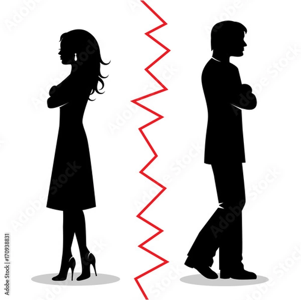 Obraz silhouettes of a heterosexual couple quarreled and turned away from each other and between the pair a red line