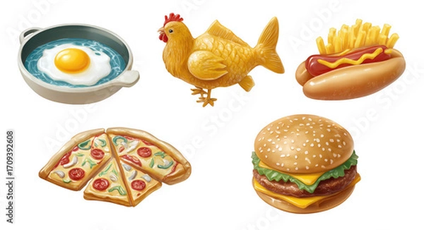 Obraz Delicious food icons featuring fried egg, chicken, hot dog, pizza slice, and hamburger evoke sense of hunger and joy. Perfect for food related themes and designs