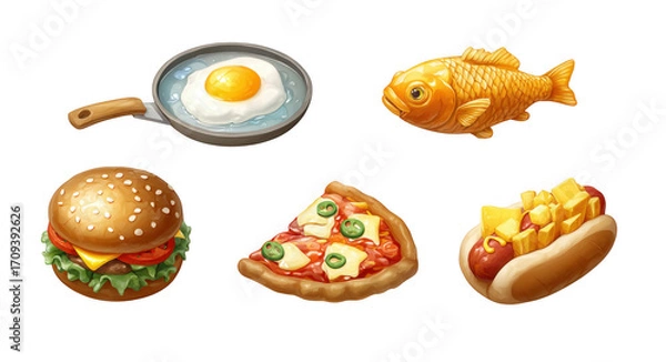Obraz Delicious food icons including fried egg in pan, golden fish, hamburger, slice of pizza, and hot dog with toppings create vibrant culinary display