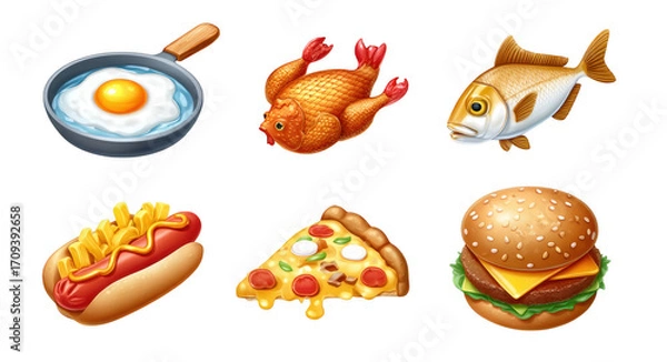 Obraz Delicious food icons including fried egg in pan, roasted chicken, fish, hot dog with mustard, pizza with toppings, and hamburger with cheese. Perfect for food related themes