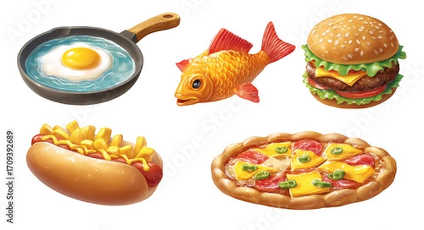 Obraz Delicious food icons including fried egg in pan, goldfish, hamburger with cheese, hot dog, and pizza with toppings create fun and appetizing visual