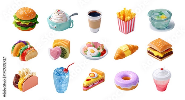Obraz Delicious food icons including burger, fries, tacos, and desserts create vibrant and appetizing visual feast. Perfect for food related projects or menus