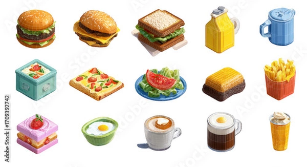 Obraz Delicious food icons including burger, sandwich, mustard, and various dishes create vibrant and appetizing collection. Perfect for culinary themes and food related projects