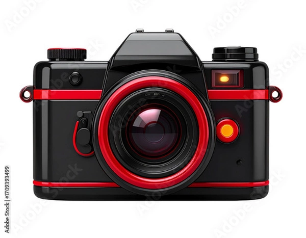 Fototapeta Stylized vintage camera icon in glossy black and red plastic isolated on transparent background PNG