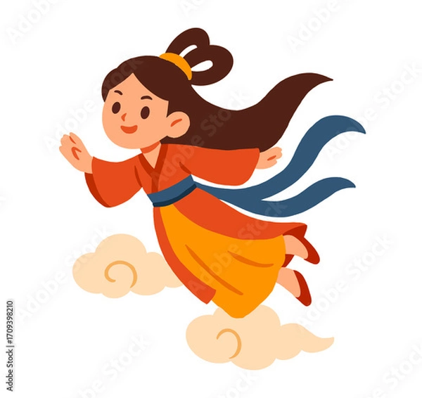 Obraz Cartoon Illustration of Chang'e on Clouds