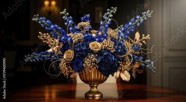 Fototapeta Elegant floral arrangement with blue and gold flowers in a vase on a wooden table creating a luxurious centerpiece