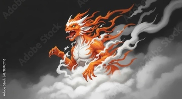 Fototapeta Illustration of a mythical kirin creature with fiery mane and tail emerging from clouds in a dynamic and fantasy art