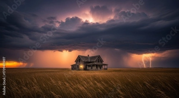 Fototapeta Dramatic storm over an abandoned farmhouse, with lightning striking in the distance and a golden sunset adding contrast to the scene