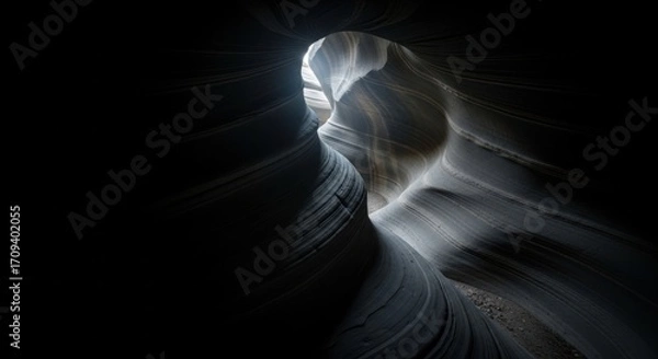 Fototapeta Sunlight streams into the dark depths of a slot canyon, illuminating the sculpted sandstone walls with ethereal light and shadow