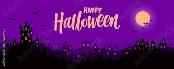 Fototapeta Halloween city with bats, scary houses, trees and an ominous moon. A spooky Halloween town at night for a festive background and design. Horrible houses, trees, and flying birds vector illustration.