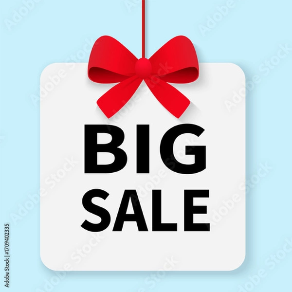 Fototapeta "Big Sale" poster template with a red bow. Vector illustration of a sale sign with a bow. Price tag or label with a red ribbon and a bow with confetti pieces.