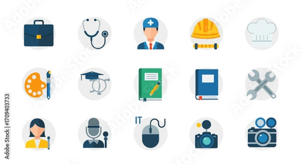 Fototapeta Flat lay image of diverse professional icons representing various occupations, showcasing a bright and colorful design against a white background.