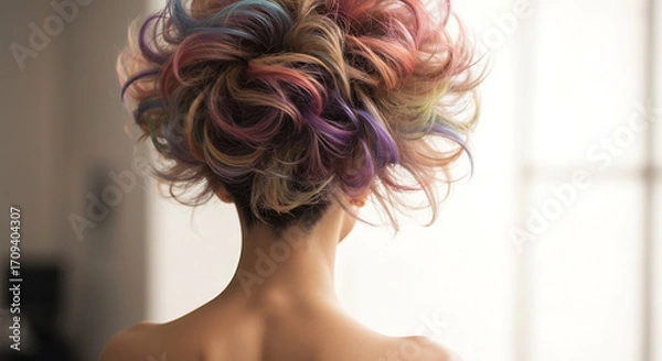 Fototapeta A woman's back is shown as her colorful, rainbow-dyed hair is styled in a voluminous updo.