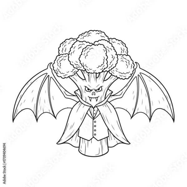 Fototapeta A cartoon broccoli dressed as a vampire with bat wings
