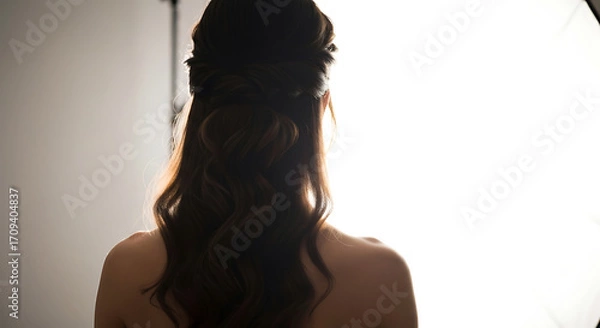 Fototapeta Woman with styled dark brown hair and updo, seen from behind, in bright light.