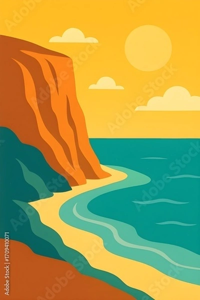 Obraz Modern Coastal Cliff View – Turquoise Summer Ocean Vector