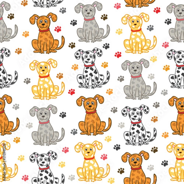Fototapeta Cute vector dogs seamless pattern. Funny doodle wallpaper.