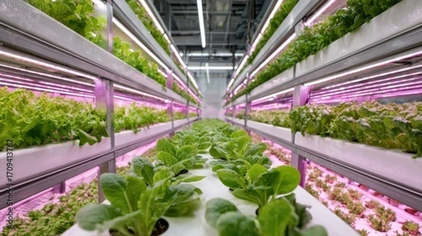 Fototapeta Hydroponic system growing rows of organic green plants under specialized LED spectrum lighting inside modern farm.