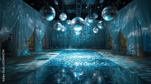 Fototapeta Sparkling disco balls illuminate dance floor with dazzling blue light reflecting off sheer white fabric drapes. 
