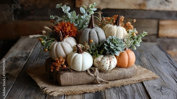 Fototapeta Decorative pumpkins arranged with fall foliage and berries on rustic wood table for autumn display 