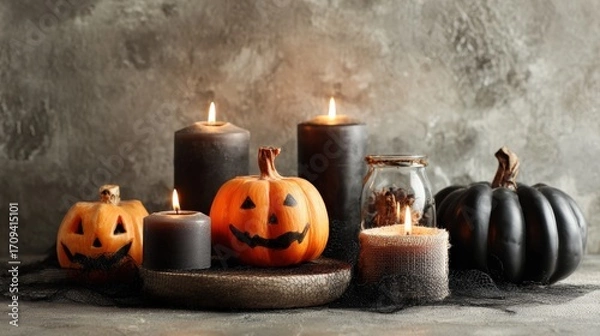 Fototapeta Orange Halloween pumpkins and dark burning candles form festive spooky autumn display on stone surface.