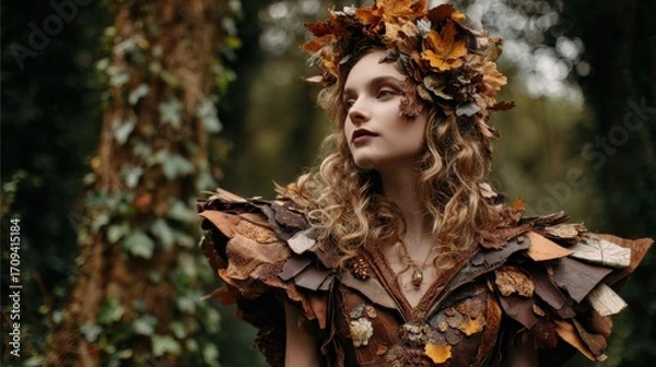 Fototapeta Elegant woman models beautiful autumn leaf dress and crown in mystic forest.
