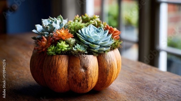 Fototapeta Assorted vibrant succulents flourish within decorative wooden pumpkin planter, placed on warm textured wooden surface.
