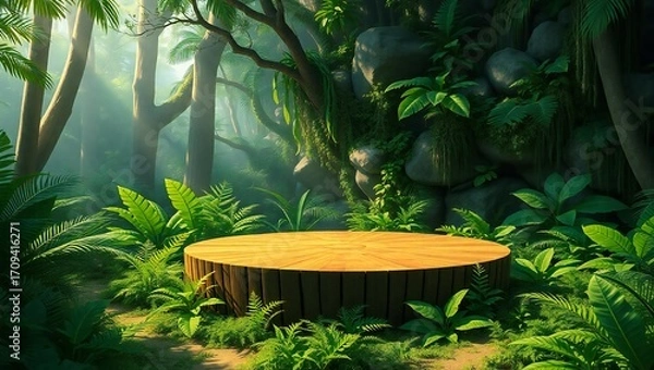 Obraz Empty wooden podium in a lush green rainforest with sunbeams