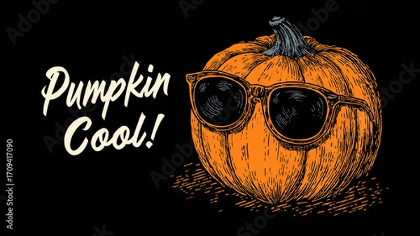 Obraz Cool jack o lantern wearing sunglasses is illustrated with text Pumpkin Cool playful font. pumpkin is detailed with textured design, set against dark background, creating fun and stylish Halloween