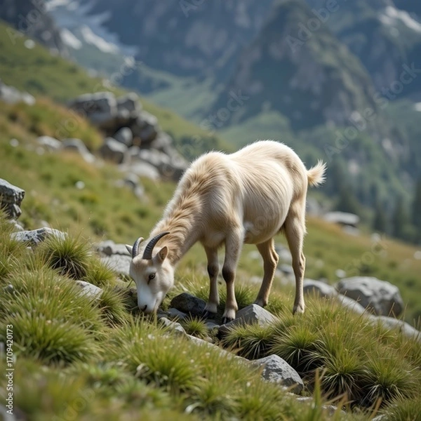 Fototapeta A goat grazing on grassy hills with rocky mountain backdrop, realistic textures, stock-ready