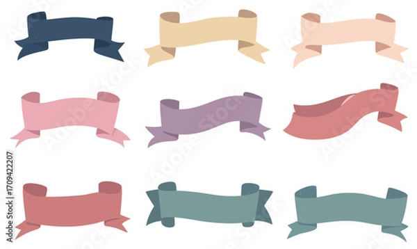 Fototapeta Set of nine stylish blank ribbon banners in various muted pastel colors with folded edges and curled ends flat minimalist vector design for decorative labels and titles