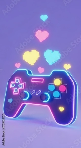 Fototapeta Neon glowing video game controller with pixelated hearts in pastel purple background gaming gamepad