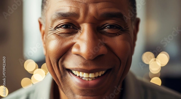 Fototapeta A warm, friendly close-up portrait of a smiling senior African American man with a joyful expression and bokeh lights in the background.