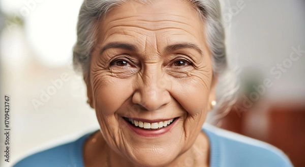 Fototapeta Close-up portrait of a smiling elderly woman with gray hair and wrinkles, looking directly at the camera.