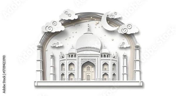 Obraz Paper-cut layered artwork of the Taj Mahal under moonlight, delicate white and cream paper layers, tiny stars and clouds in cut-out style, isolated on pure white background.
