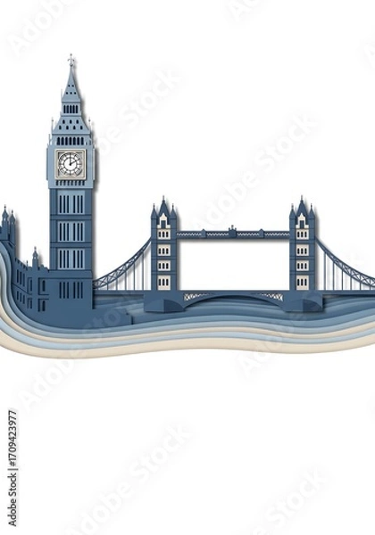 Obraz Detailed paper-cut design of Big Ben and London Bridge, layered blue and beige paper textures, smooth cut edges with folded shadow effects, minimal elegant travel poster style, isolated on seamless wh