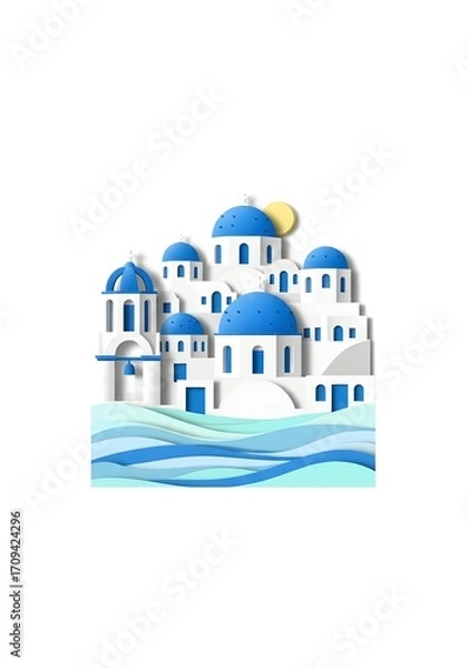 Fototapeta Generative AI French-style paper-cut artwork of Santorini’s iconic blue-domed houses, pastel ocean waves and sun, elegant clean cut style with soft layer shadows, isolated on seamless white background