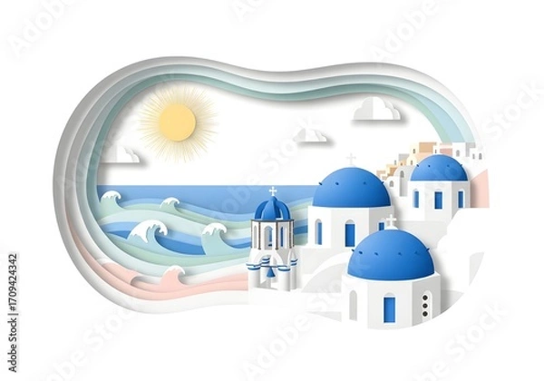 Obraz Generative AI French-style paper-cut artwork of Santorini’s iconic blue-domed houses, pastel ocean waves and sun, elegant clean cut style with soft layer shadows, isolated on seamless white background