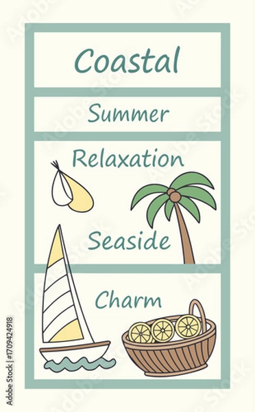 Obraz Coastal-inspired multi-frame composition featuring a sailboat, palm tree, oysters, and lemon slices with text quotes evoking summer relaxation and seaside charm