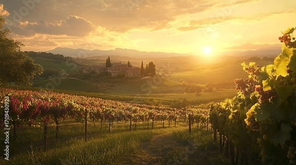 Fototapeta Stunning sunset over rolling Tuscan hills with vineyards and charming farmhouse for golden hour light bathing scene in warmth showcasing cultural heritage nature beauty travel concept